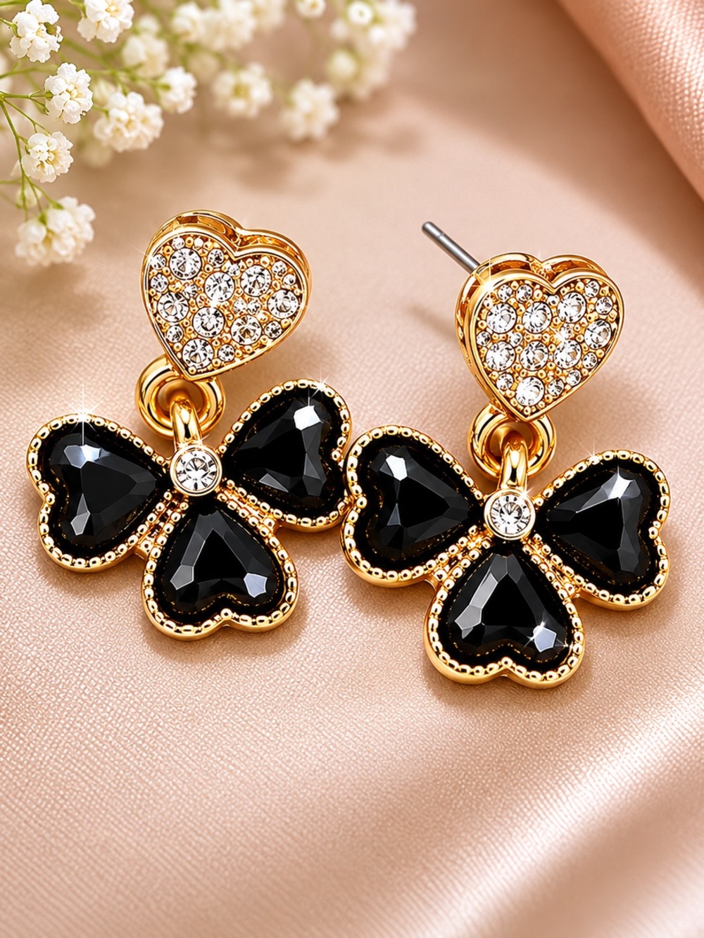 Elegant Black and Gold Heart Clover Earrings